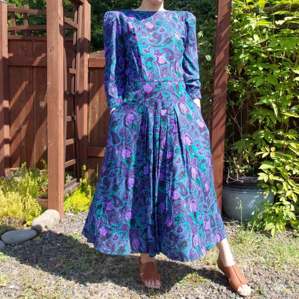 Vintage 80's E.D. Michaels Purple and Green Vintage Paisley Print Midi Dress 5/6